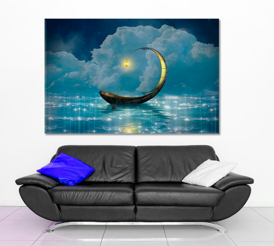 STARRY NIGHT Fantasy Boat Scenery Landscape Surreal Fantasy Large Art Print Décor Artesty 1 panel 24" x 16"