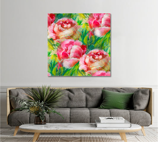 SPRING SOUL Vivid Floral Pattern Pink Peony - Square Panel Floral & Botanical Split Art Artesty