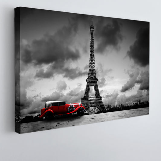 Eiffel Tower Paris France Red Retro Car Black and White Vintage Artistic Black and White Wall Art Print Artesty