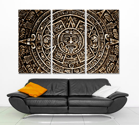 Ancient Mayan Calendar Sun Symbol Pagan Ornament Sunstone Vintage Affordable Canvas Print Artesty 3 panels 36" x 24"