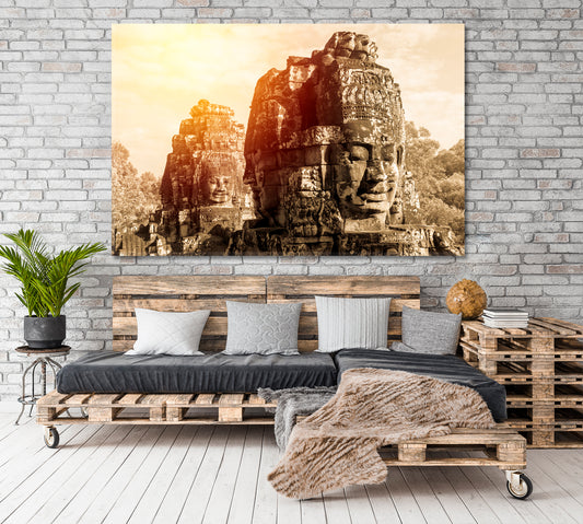 Ancient Bayon Castle Angkor Thom Cambodia Vintage Style Canvas Print Religious Modern Art Artesty