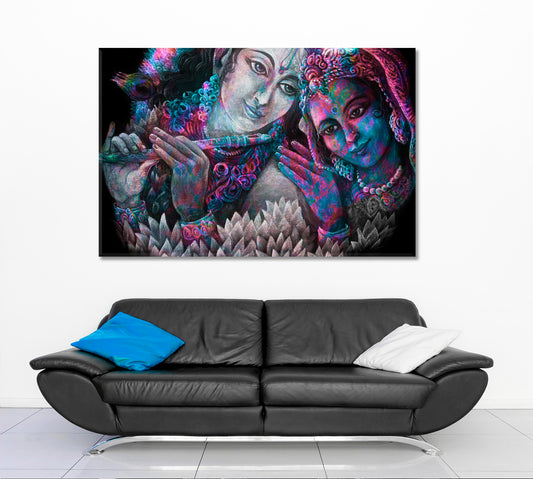 LORD KRISHNA Divine Couple Radha Playing Flute Lotus Pattern Religious Modern Art Artesty 1 panel 24" x 16"