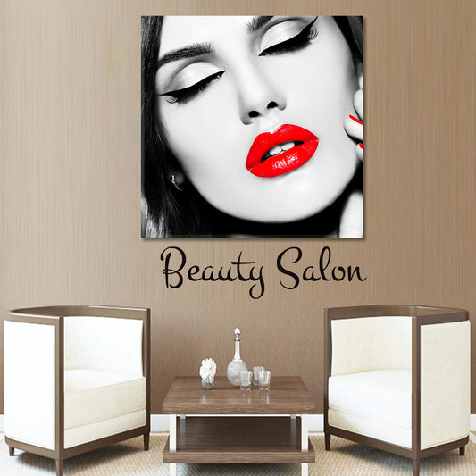 BEAUTY RED LIPS Glamor Hairstyle High Fashion Women Face Beauty Salon Artwork Prints Artesty