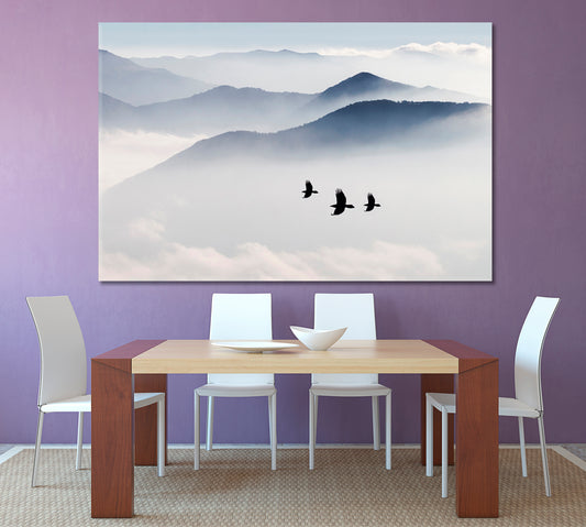 MISTY Mountains Birds Flying Sky Clouds Nature Wall Canvas Print Artesty 1 panel 24" x 16"