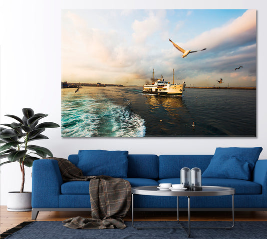 FAR SIDE OF THE SEA Blue Skies Bluer Water Seagull Morning Ferry in the Strait Scenery Landscape Fine Art Print Artesty