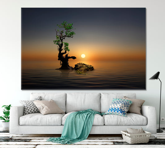 Silent Morning on the Beach Lonely Tree Fantasy Landscape Canvas Print Scenery Landscape Fine Art Print Artesty 1 panel 24" x 16"