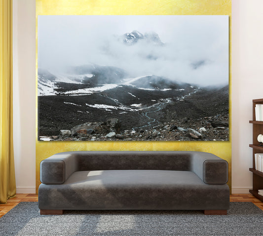 Mountain Landscape: Rocks Creeping Fog High Snowy Peaks Clouds Canvas Print Nature Wall Canvas Print Artesty