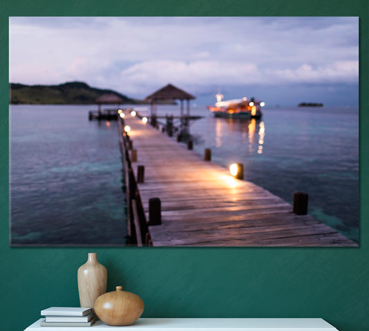 Tropical Island Marine Pier Yacht Twilight Bokeh Lights Blurred Canvas Print Scenery Landscape Fine Art Print Artesty