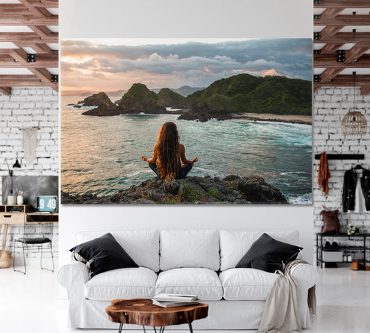 YOGA Lotus Pose Ocean Mountain Nature Wall Canvas Print Artesty 1 panel 24" x 16"