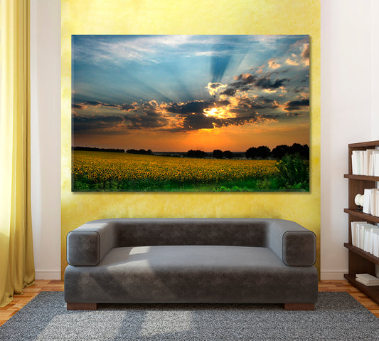 Colorful Sunset Sun Rays Amazing Field of Sunflowers Landscape Scenery Landscape Fine Art Print Artesty 1 panel 24" x 16"