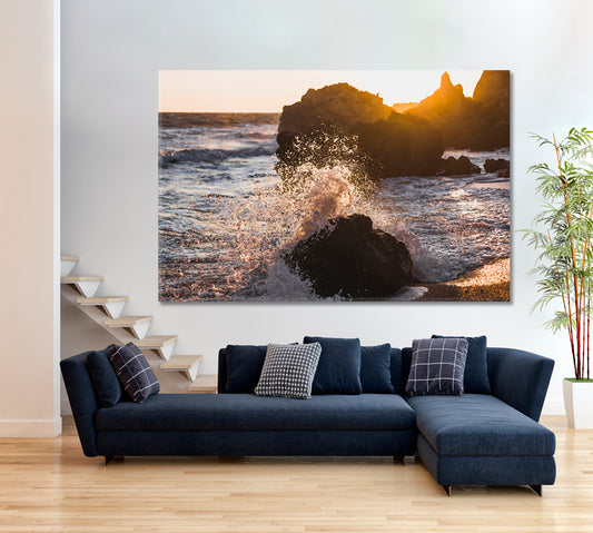 Waves Crashing on Rocks Sunlight Sea Marina Scenery Seascape Nature Wall Canvas Print Artesty