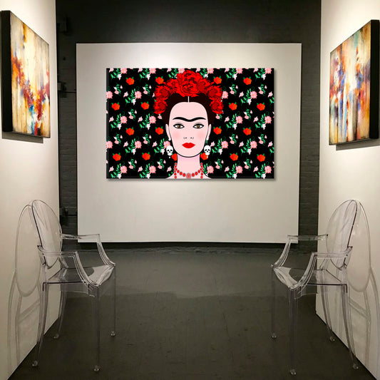 FRIDA KAHLO Portrait Young Beautiful Mexican Woman Traditional Hairstyle Mexican Earrings Skulls Floral Background People Portrait Wall Hangings Artesty 1 panel 24" x 16"