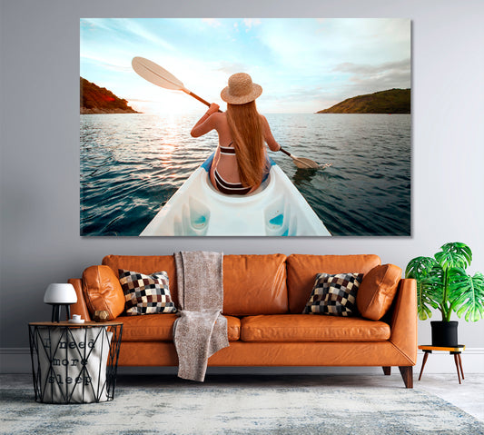 ADVENTURE Canoe Kayak Young Woman Boat Water Sport Active Lifestyle Concept Traveling Around Ink Canvas Print Artesty