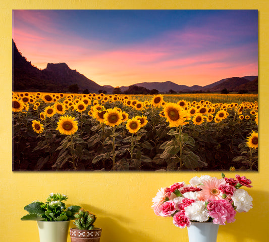Picturesque Landscape Field of Blooming Sunflowers Canvas Print Scenery Landscape Fine Art Print Artesty 1 panel 24" x 16"