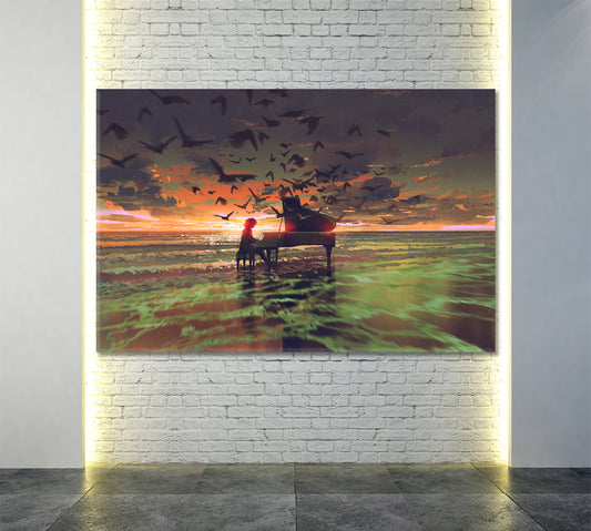 FANTASY Pianist On The Ocean Stunning Unique Mysterious Surreal Fantasy Large Art Print Décor Artesty 1 panel 24" x 16"
