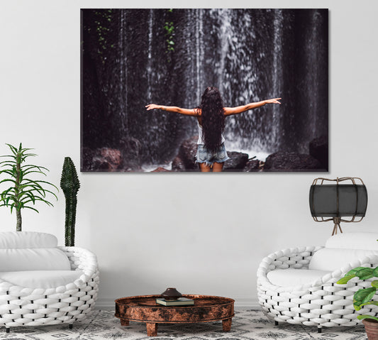 UNDER WATERFALL Cascade Tropical Rainforest Nature Beautiful Girl Nature Wall Canvas Print Artesty