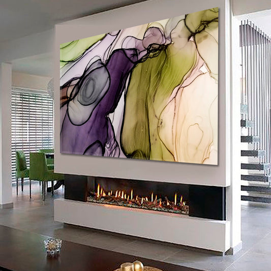 Ink Mix Purple Green Unique Marble Pattern Fluid Art, Oriental Marbling Canvas Print Artesty