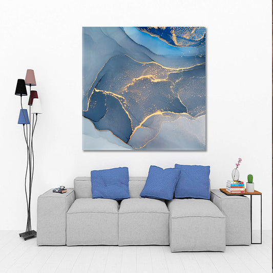 MARBLE ORIENTAL Blue Abstract Modern Fluid Art Suminagashi Ebru | Square Fluid Art, Oriental Marbling Canvas Print Artesty