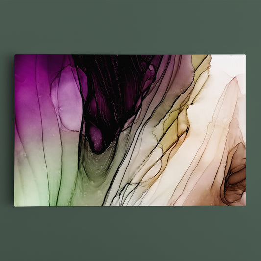 PURPLE GREEN BROWN Ink Color Drop in Water Fluid Art, Oriental Marbling Canvas Print Artesty 1 panel 24" x 16"