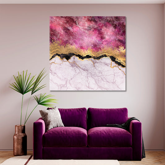 Purple Pink Fuchsia Marble Veins Stone Gold Foil Glitter Fluid Art, Oriental Marbling Canvas Print Artesty