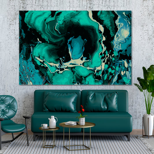 TEAL BLUE GREEN MIX Abstract Wavy Forms Fractal Futuristic Pattern Fluid Art, Oriental Marbling Canvas Print Artesty