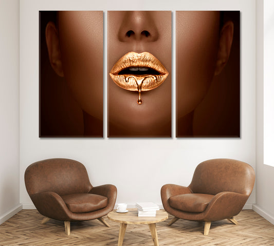 Beautiful Golden Lipstick Dripping Makeup Gold Lips Beauty Salon Artwork Prints Artesty 3 panels 36" x 24"