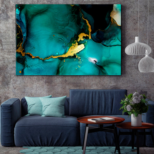 TEAL GREEN Tidewater Gold Effect Luxury Abstract Fluid Art Ink Splash Fluid Art, Oriental Marbling Canvas Print Artesty 1 panel 24" x 16"