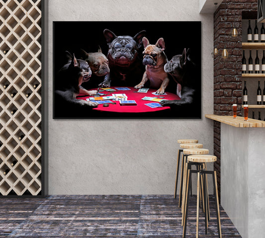 Bold Bluff Whimsical Funny French Bulldogs Dogs Playing Poker Animals Canvas Print Artesty