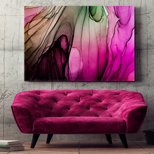 SUMINAGASHI Alcohol Ink Unique Pattern Violet Green Fluid Art, Oriental Marbling Canvas Print Artesty