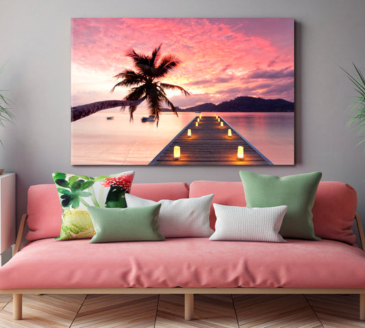 Romantic Pink Sunset Jetty Tropical Beach Picturesque Landscape Scenery Landscape Fine Art Print Artesty