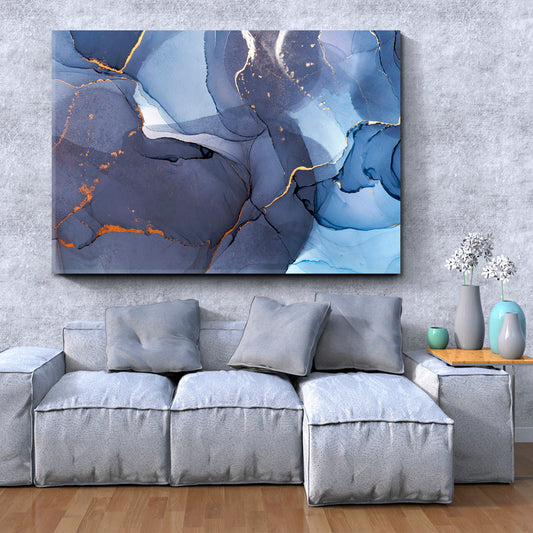 Abstract Blue Modern Marble Ink Fluid Art, Oriental Marbling Canvas Print Artesty