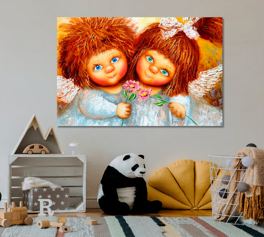 Two Cute Little Girls Angels with Shaggy Red Hair Fine Art Canvas Print Kids Room Canvas Art Print Artesty