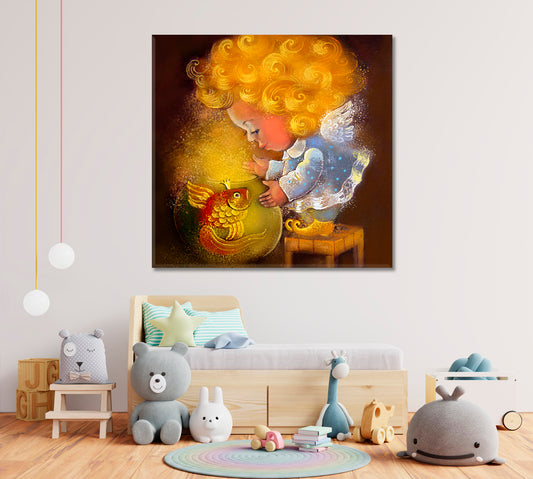 KIDS ROOM CONCEPT Beautiful Sweet Little Angel Canvas Print | Square Panel Kids Room Canvas Art Print Artesty