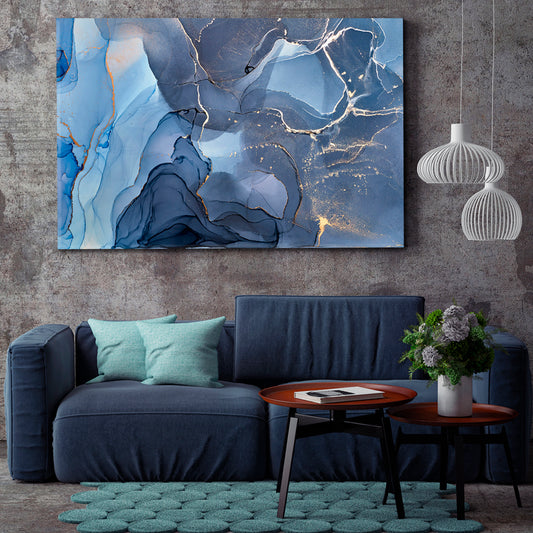 Soft Blue Alcohol Ink Colors Translucent Modern Marble Fluid Art, Oriental Marbling Canvas Print Artesty