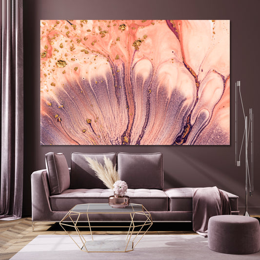 PEARL Pale Pink Powder And Lavender Purple With Gold Marble Pattern Fluid Art, Oriental Marbling Canvas Print Artesty