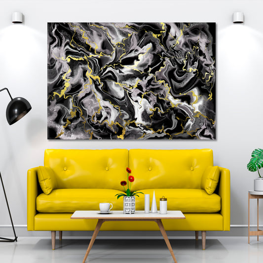 Liquid Marble Black Smoke Gold Splashes Fluid Fluid Art, Oriental Marbling Canvas Print Artesty