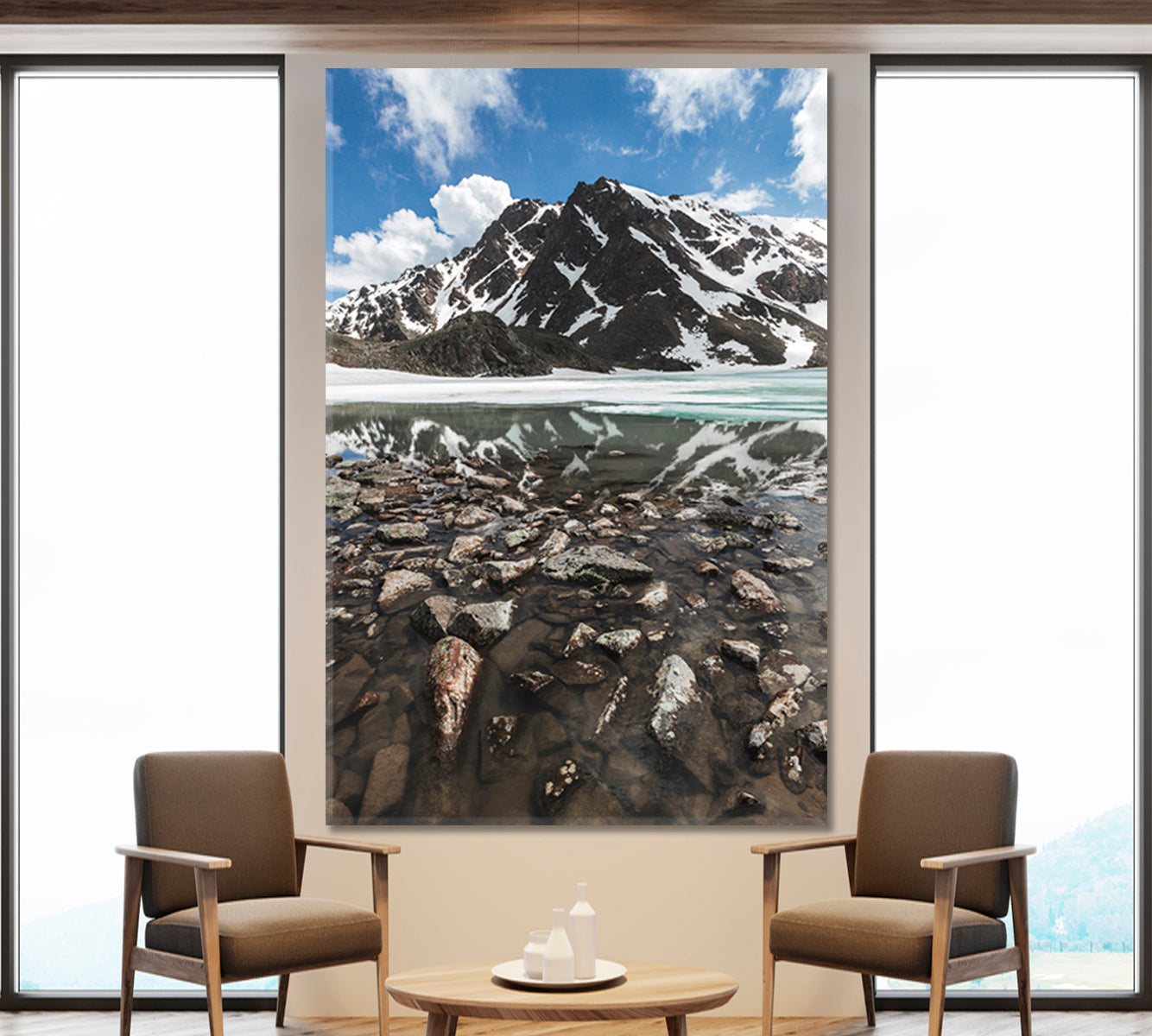 Panoramic Winter Mountain Landscape Snow Peaks Frozen Lake Water Reflection - Vertical Scenery Landscape Fine Art Print Artesty