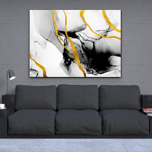 ABSTRACT CLOUDS ART & INK Black White Gold Marble Fluid Art, Oriental Marbling Canvas Print Artesty