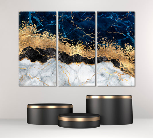 Abstract White Blue Marble Golden Veins Artistic Design Fluid Art, Oriental Marbling Canvas Print Artesty 3 panels 36" x 24"