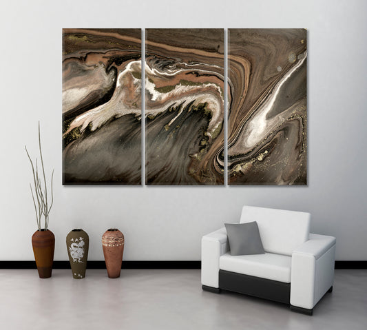 BROWN GOLD PEARL Stylized Marble Pattern Agate Ripple Fluid Art, Oriental Marbling Canvas Print Artesty 3 panels 36" x 24"