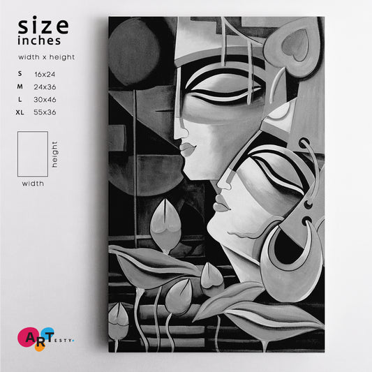 Lord Radha Krishna Modern Cubism Style Black And White Black and White Wall Art Print Artesty