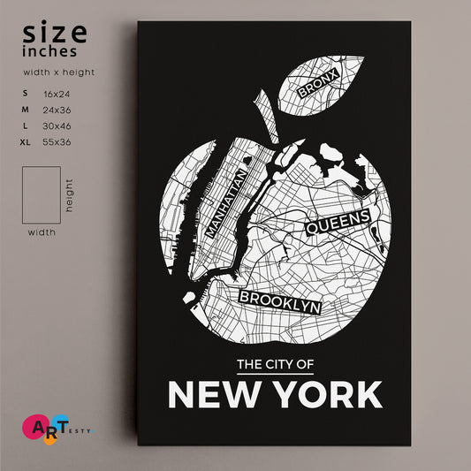 New York Big Apple Shape City Map Maps Canvas Artwork Artesty