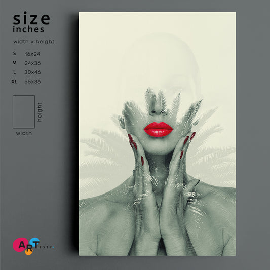 MODERN ABSTRACT ART Beautiful Woman Red Lips Tropical Palms Contemporary Art Artesty