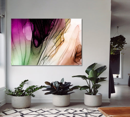 RAINBOW Alcohol Inks Green Purple Fuschia Abstract Marble Fluid Art, Oriental Marbling Canvas Print Artesty