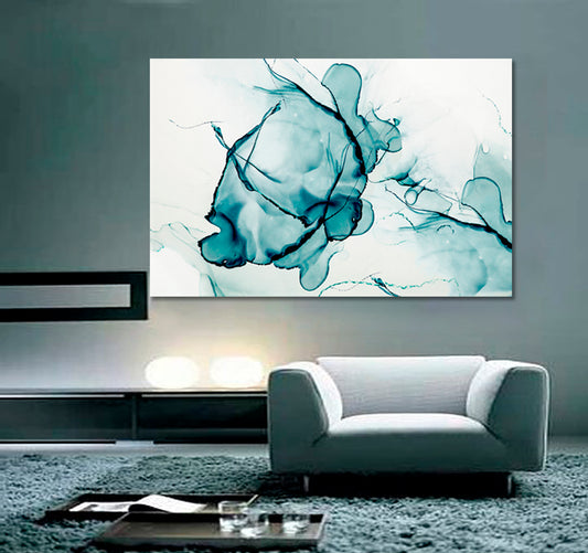 Turquoise Marble Transparent Creative Abstract Trendy Ink Colors Fluid Art, Oriental Marbling Canvas Print Artesty