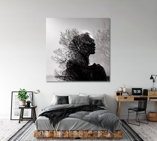 Delicate Mysterious Woman Portrait Tree Crowns Black and White Wall Art Print Artesty