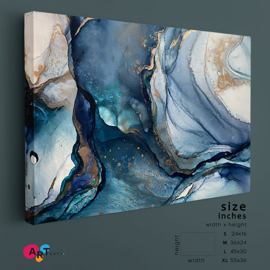 Ink Landscape Abstract Blue Marble Golden Weines Fluid Art, Oriental Marbling Canvas Print Artesty 1 panel 24" x 16"