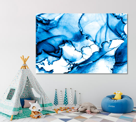 Alcohol Ink Smears Clouds Macro Indigo Blue Marble Winter Tones Fluid Art, Oriental Marbling Canvas Print Artesty