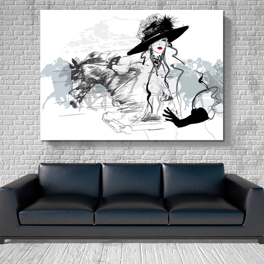 Woman on a Horse Race Black and White Wall Art Print Artesty 1 panel 24" x 16"