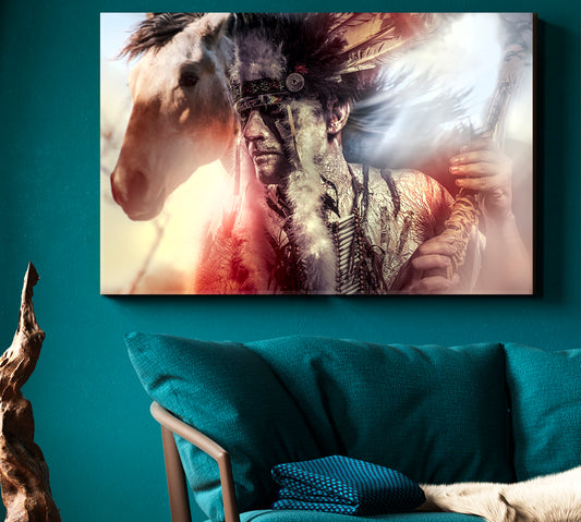 Indian American Warrior Tribal Leader Feather Tomahawk And Horse Fine Art Artesty 1 panel 24" x 16"